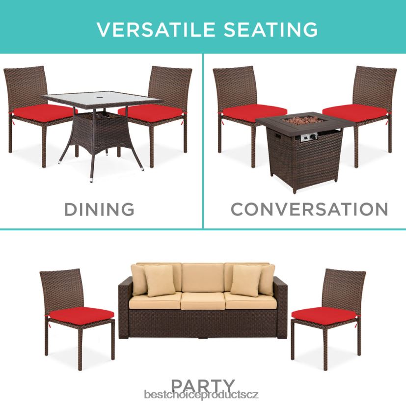 Best Choice Products sada 4 stohovatelných venkovních terasových proutěných židlí s polštáři, UV odolnost venkovní bydlení | hnědá/červená FF22861426