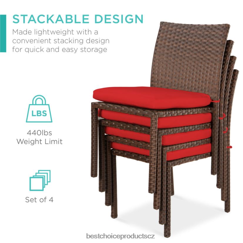 Best Choice Products sada 4 stohovatelných venkovních terasových proutěných židlí s polštáři, UV odolnost venkovní bydlení | hnědá/červená FF22861426