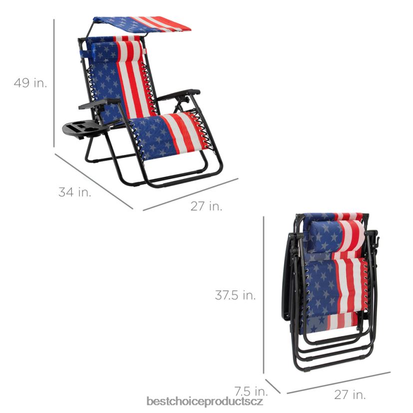 Best Choice Products skládací lehátko na terasu s nulovou gravitací s baldachýnem, postranním zásobníkem venkovní bydlení | americká vlajka FF2286790