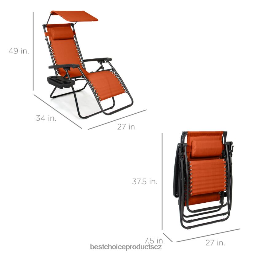Best Choice Products skládací lehátko na terasu s nulovou gravitací s baldachýnem, postranním zásobníkem venkovní bydlení | spálený pomeranč FF2286785