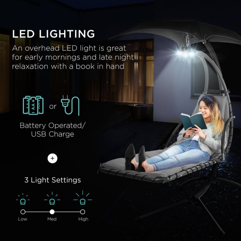 Best Choice Products závěsné zakřivené křeslo s ledem a osvětlením s polštářem, baldachýnem, stojanem venkovní bydlení | šedá FF22861412