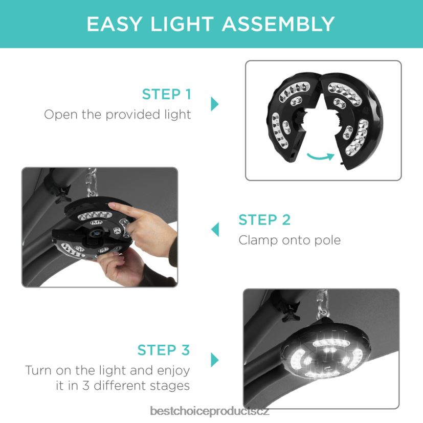 Best Choice Products závěsné zakřivené křeslo s ledem a osvětlením s polštářem, baldachýnem, stojanem venkovní bydlení | šedá FF22861412