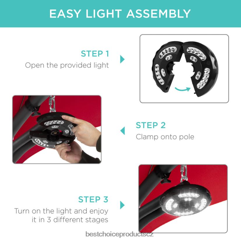 Best Choice Products závěsné zakřivené křeslo s ledem a osvětlením s polštářem, baldachýnem, stojanem venkovní bydlení | Červené FF22861411