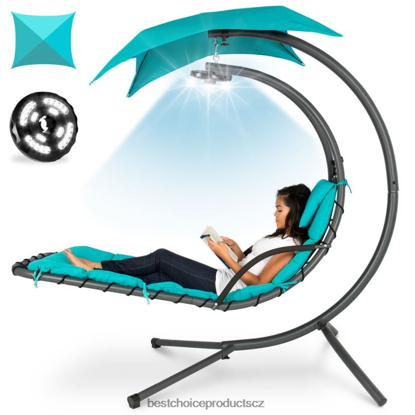 Best Choice Products závěsné zakřivené křeslo s ledem a osvětlením s polštářem, baldachýnem, stojanem venkovní bydlení | modrozelená FF22861410