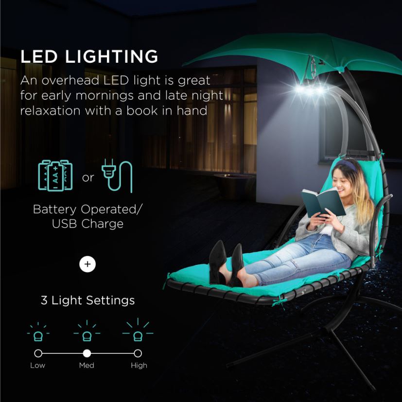 Best Choice Products závěsné zakřivené křeslo s ledem a osvětlením s polštářem, baldachýnem, stojanem venkovní bydlení | modrozelená FF22861410