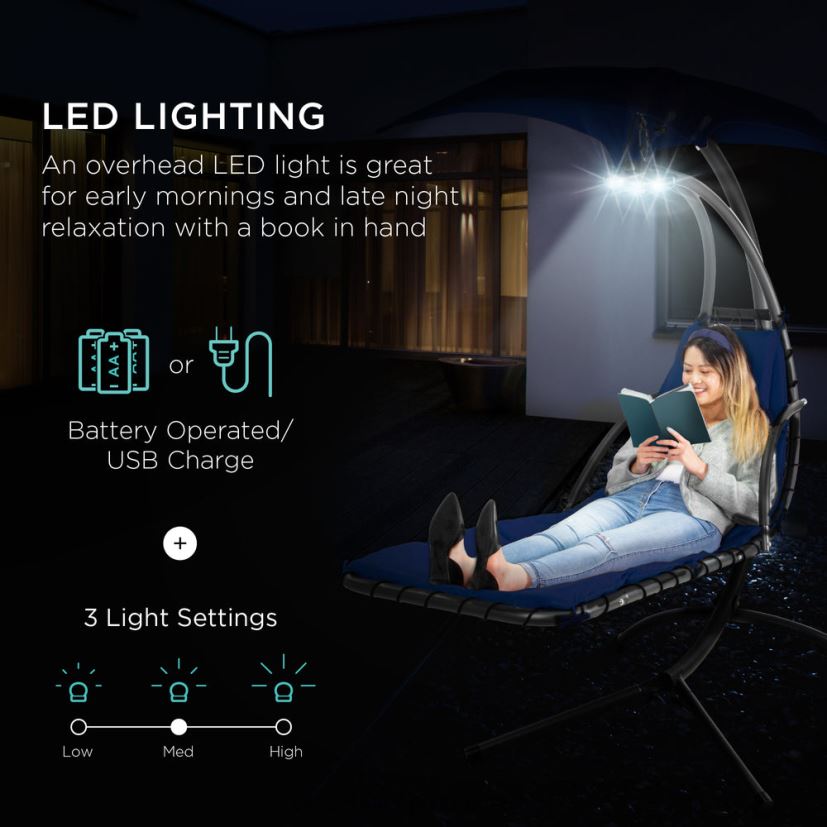 Best Choice Products závěsné zakřivené křeslo s ledem a osvětlením s polštářem, baldachýnem, stojanem venkovní bydlení | námořnictvo FF22861413