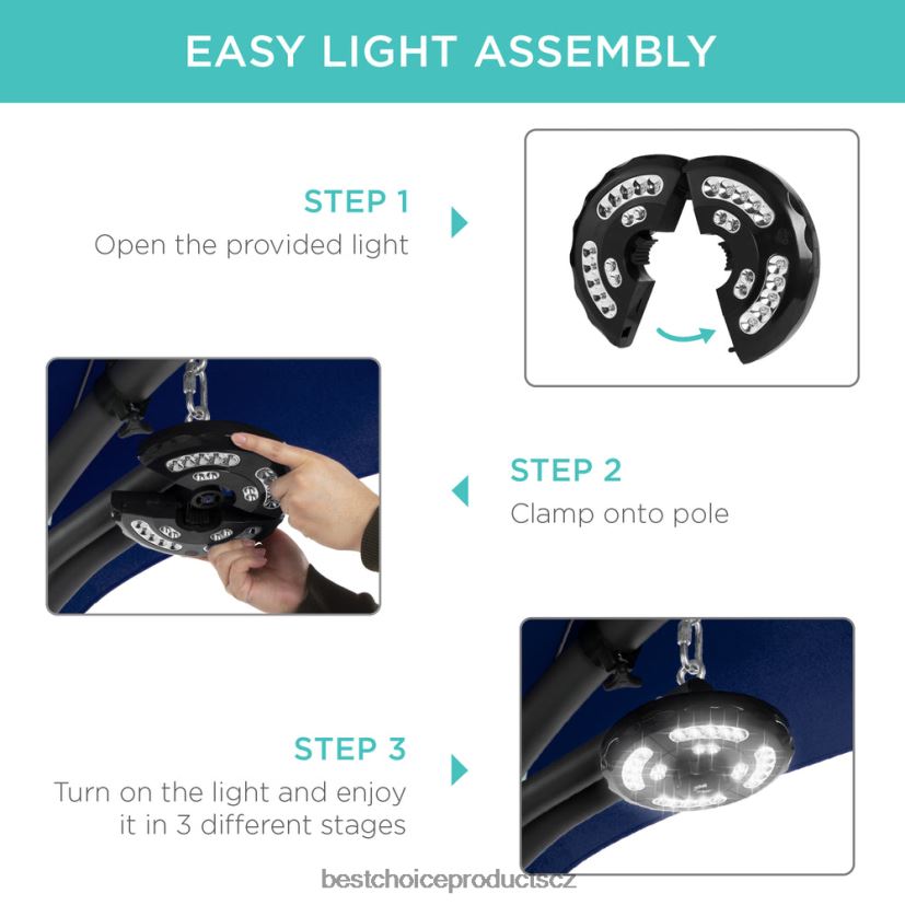 Best Choice Products závěsné zakřivené křeslo s ledem a osvětlením s polštářem, baldachýnem, stojanem venkovní bydlení | námořnictvo FF22861413