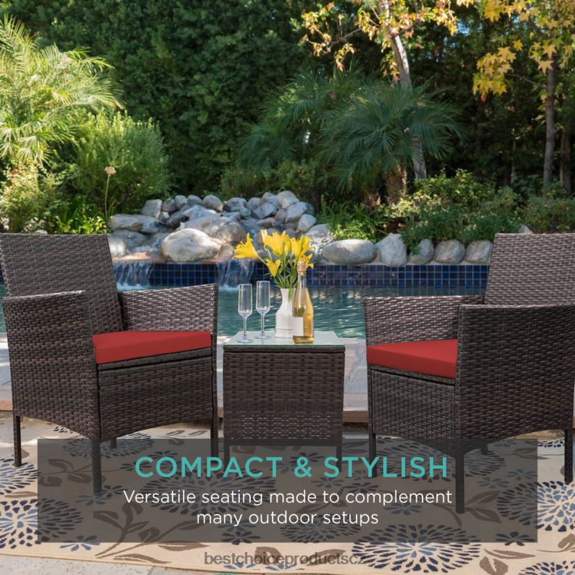 Best Choice Products 3dílná proutěná bistro sada na venkovní terasu s bočním odkládacím stolkem venkovní bydlení | hnědá/červená FF22861312