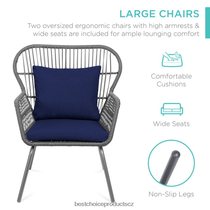 Best Choice Products 3dílná proutěná konverzační bistro sada na terasu se 2 židlemi, skleněná deska stolu venkovní bydlení | šedá/námořnická FF22861351