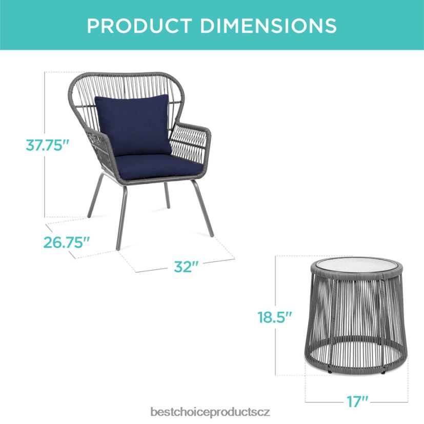 Best Choice Products 3dílná proutěná konverzační bistro sada na terasu se 2 židlemi, skleněná deska stolu venkovní bydlení | šedá/námořnická FF22861351