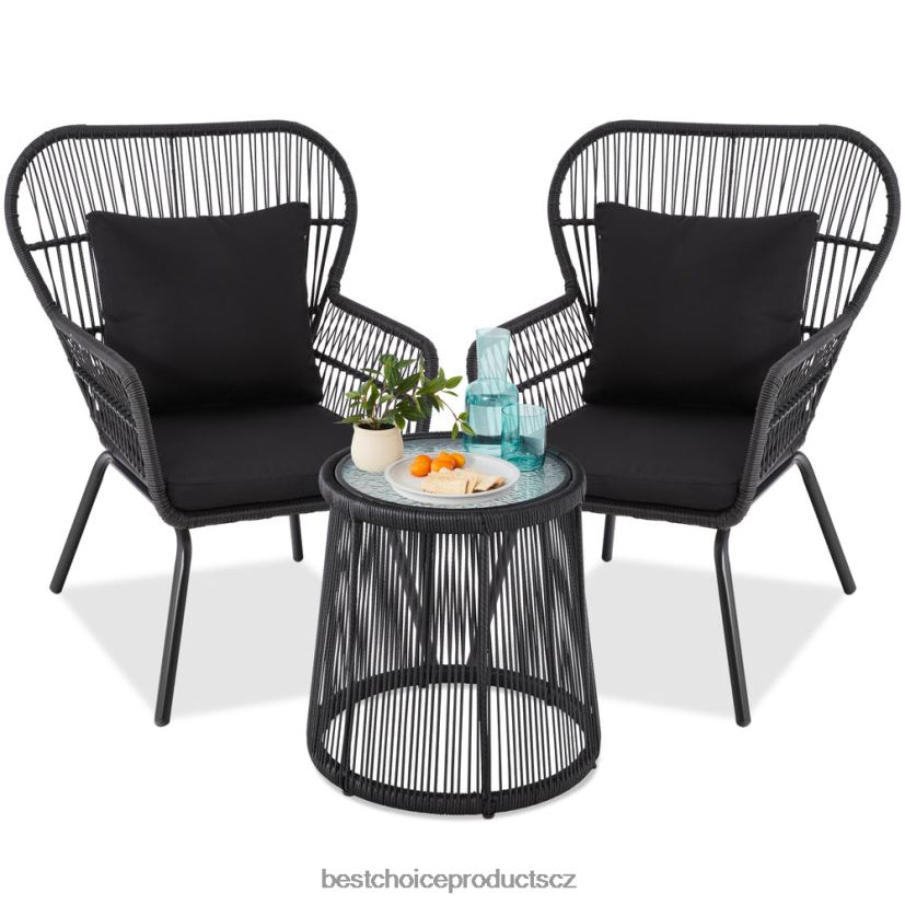 Best Choice Products 3dílná proutěná konverzační bistro sada na terasu se 2 židlemi, skleněná deska stolu venkovní bydlení | Černá FF22861350