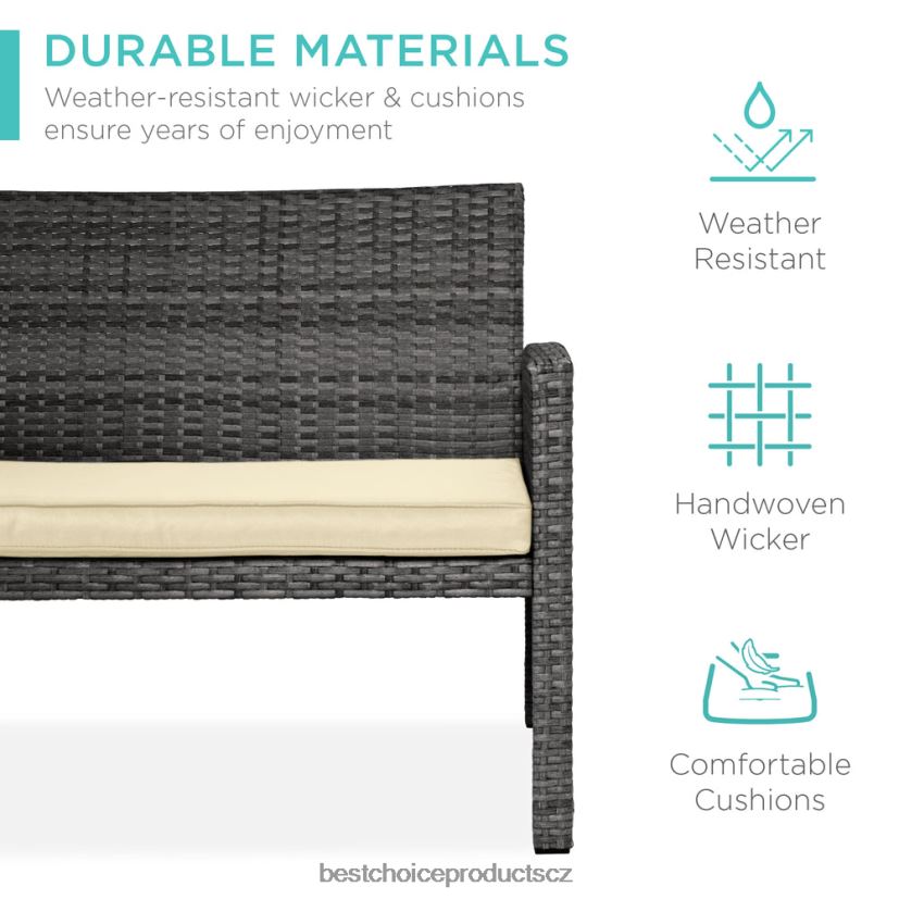 Best Choice Products 4dílná venkovní proutěná sada na terasu se 4 sedadly, skleněná deska stolu venkovní bydlení | šedá/krémová FF22861399