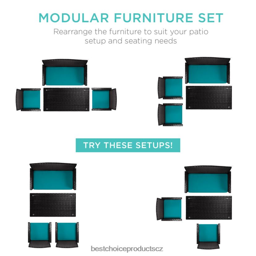Best Choice Products 4dílná venkovní proutěná sada na terasu se 4 sedadly, skleněná deska stolu venkovní bydlení | černá/zelenomodrá FF22861401
