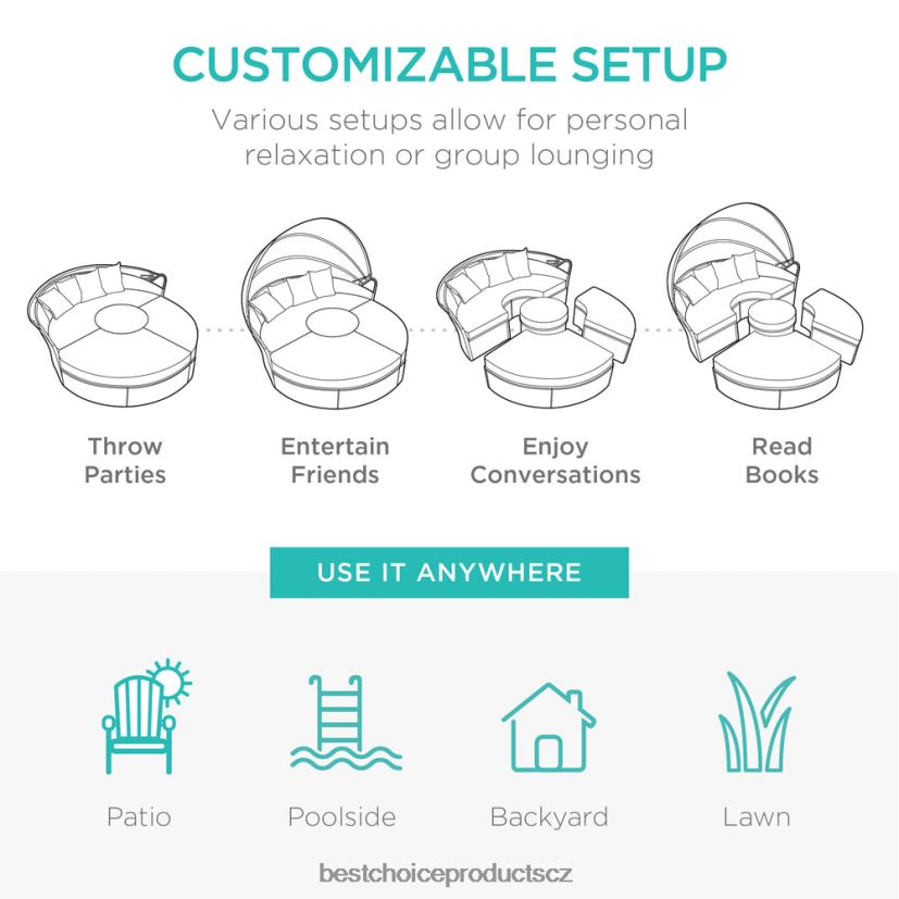 Best Choice Products 5dílná proutěná sekční válenda 2v1 s nastavitelnými sedadly, stříškou, potahem venkovní bydlení | šedá FF22861468
