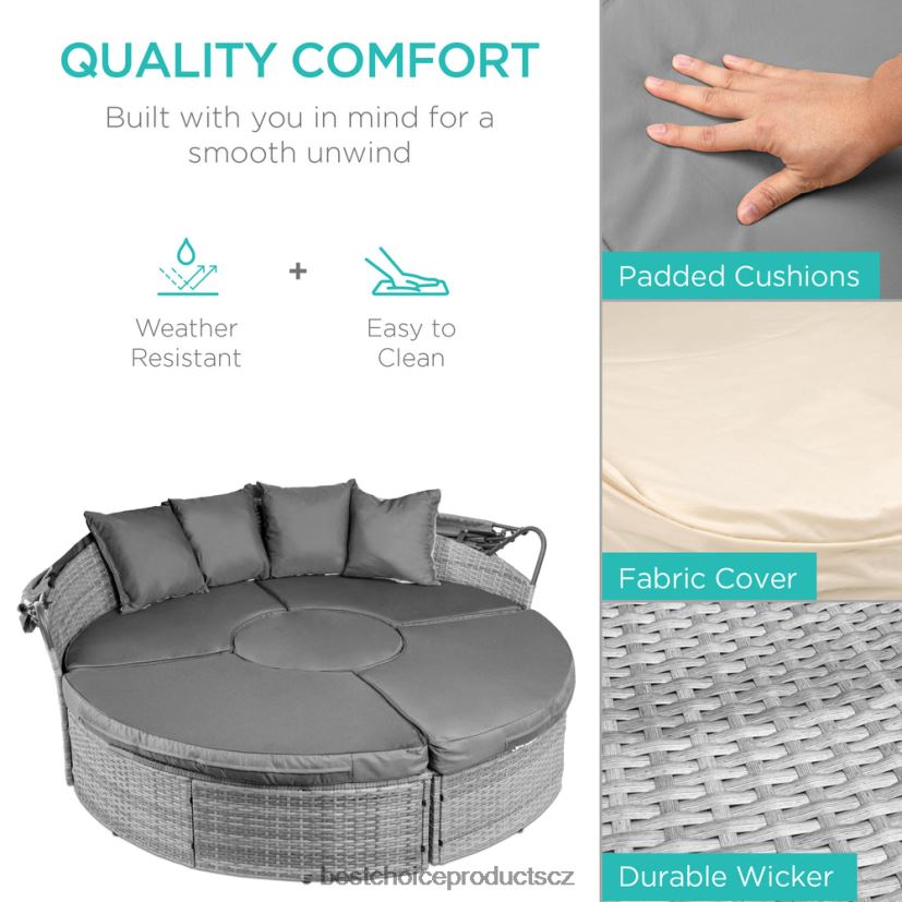Best Choice Products 5dílná proutěná sekční válenda 2v1 s nastavitelnými sedadly, stříškou, potahem venkovní bydlení | šedá FF22861468