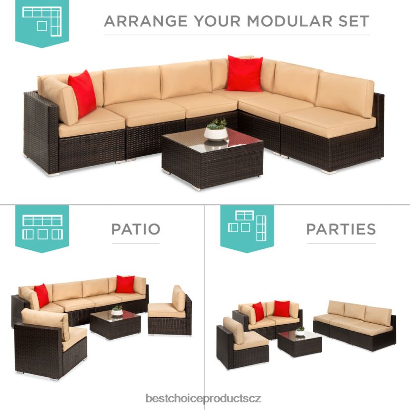 Best Choice Products 7dílná modulární proutěná sekční konverzační sada se 2 polštáři, povlak venkovní bydlení | hnědá/hnědá FF22861307