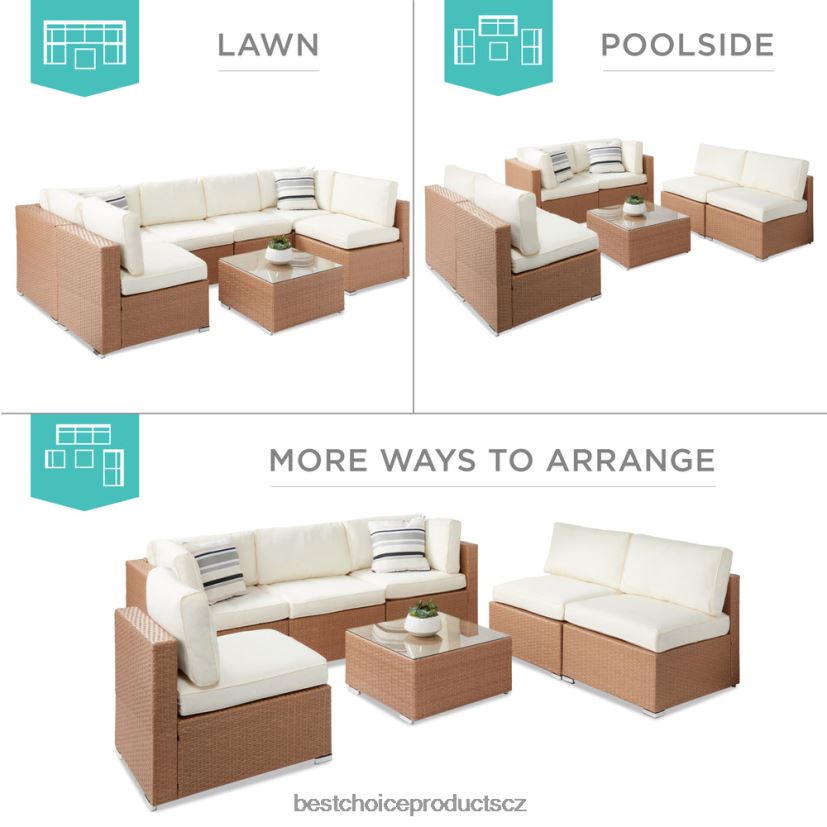 Best Choice Products 7dílná modulární proutěná sekční konverzační sada se 2 polštáři, povlak venkovní bydlení | přírodní/slonovina FF22861310