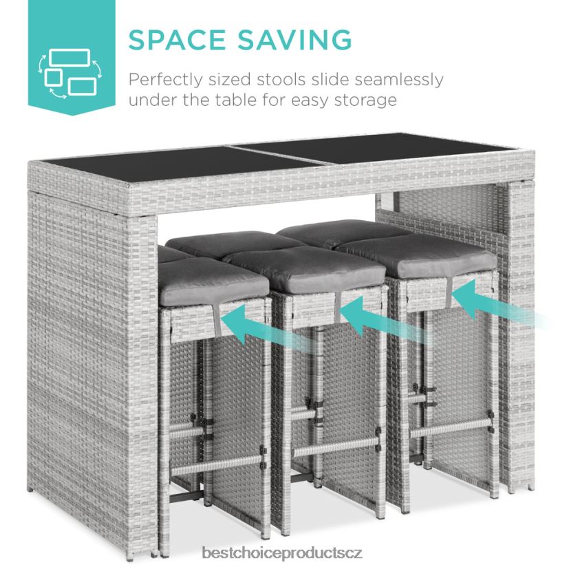 Best Choice Products 7dílný proutěný barový jídelní set na terasu se skleněnou deskou stolu, 6 taburetů venkovní bydlení | šedá FF22861392