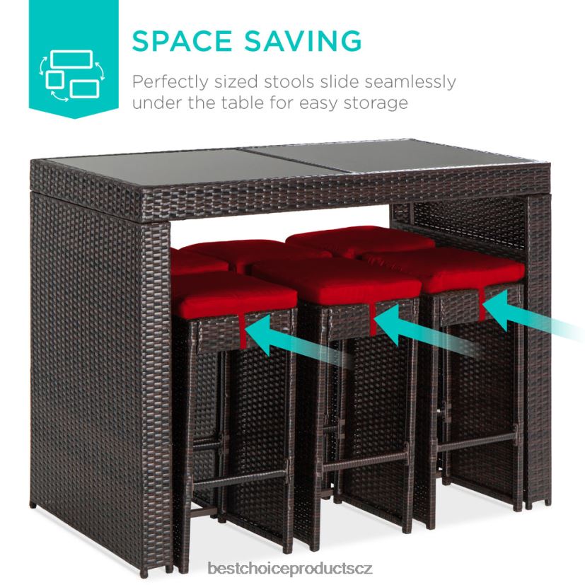 Best Choice Products 7dílný proutěný barový jídelní set na terasu se skleněnou deskou stolu, 6 taburetů venkovní bydlení | Červené FF22861391