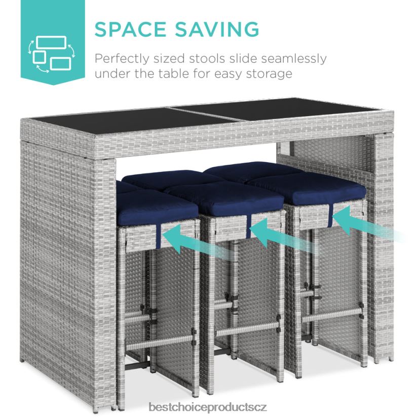 Best Choice Products 7dílný proutěný barový jídelní set na terasu se skleněnou deskou stolu, 6 taburetů venkovní bydlení | námořnictvo FF22861393