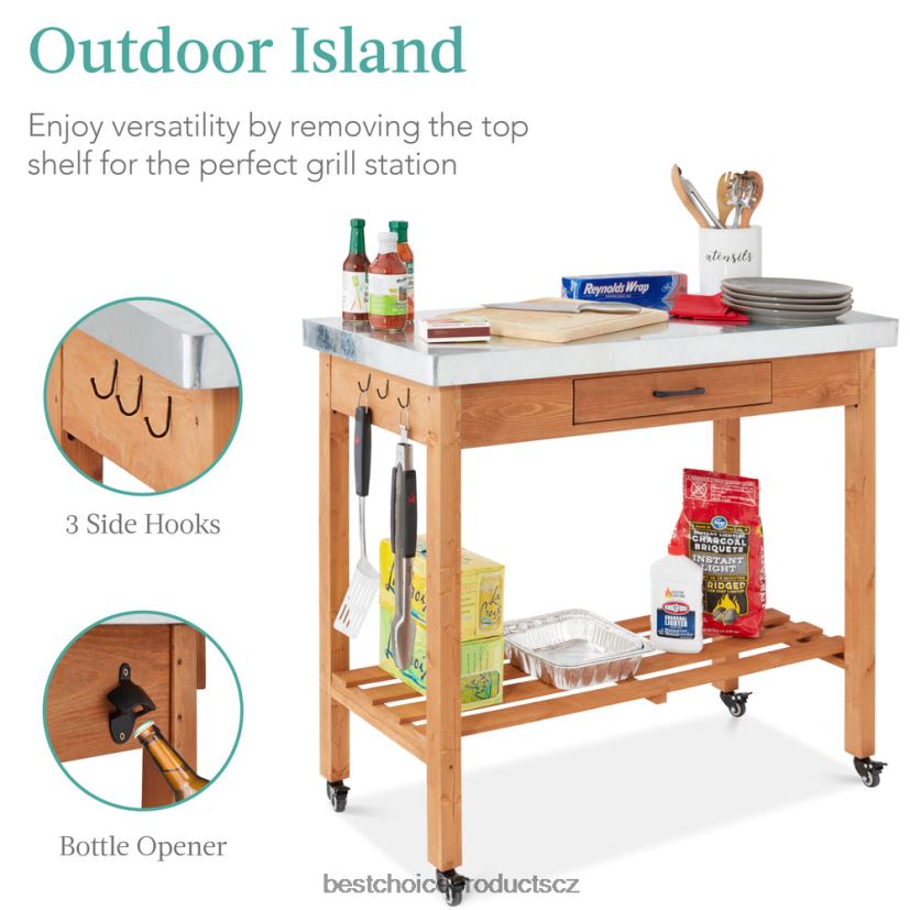 Best Choice Products pojízdný venkovní stůl a úložná skříň se 4 kolečky, deska z nerezové oceli venkovní bydlení | obarvený do hněda FF2286430