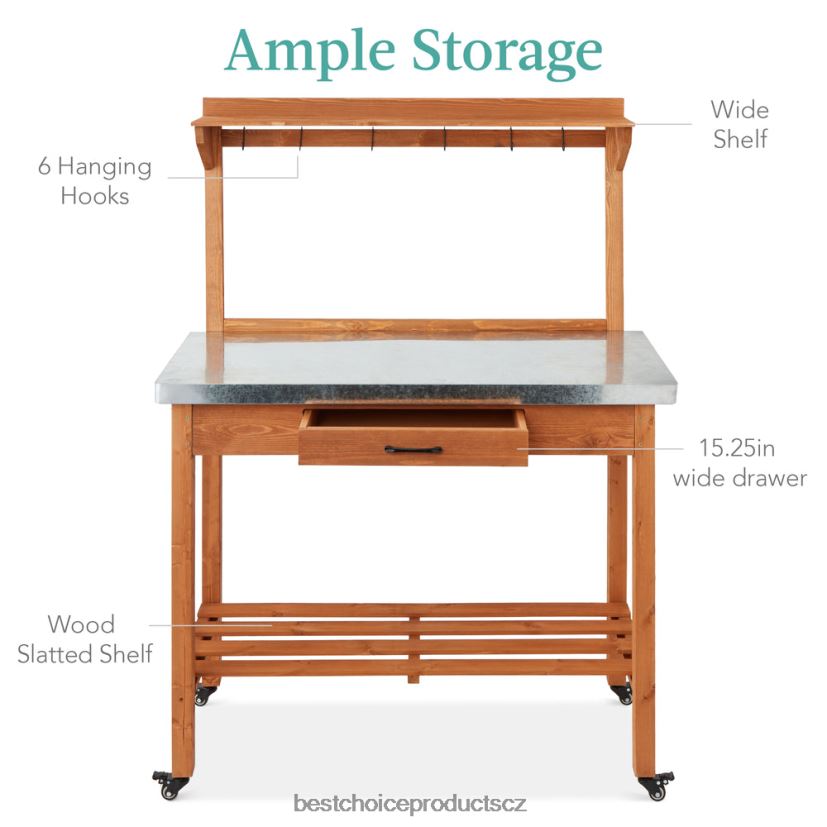 Best Choice Products pojízdný venkovní stůl a úložná skříň se 4 kolečky, deska z nerezové oceli venkovní bydlení | obarvený do hněda FF2286430