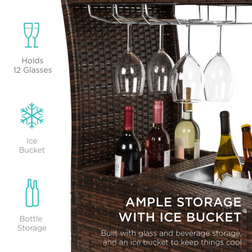 Best Choice Products proutěný servírovací barový vozík s kolečky, skleněným pultem, vědrem na led venkovní bydlení | hnědý FF2286944