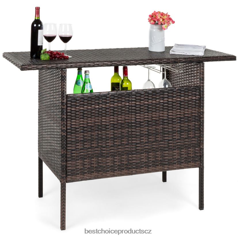 Best Choice Products venkovní proutěný barový pultový stůl se 2 ocelovými policemi, 2 kolejnicemi venkovní bydlení | hnědý FF2286932