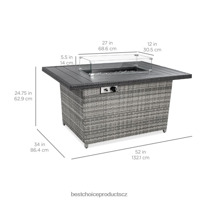 Best Choice Products proutěný propanový krbový stůl, 50 000 BTU se skleněnou ochranou proti větru, kryt venkovní bydlení | šedá FF2286929